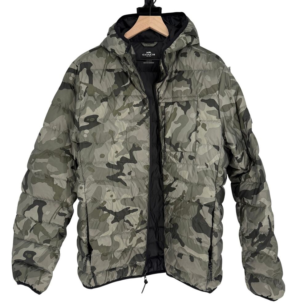 Coach Mens Camo Down Puffer Jacket Camouflage Zip Up Coat Patch XL